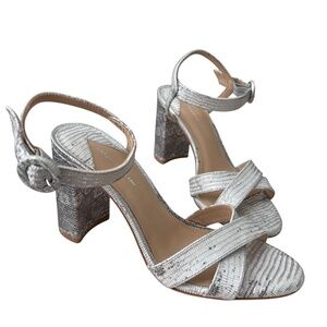 ANTONIO MELANI Geena Silver Metallic Snake Print Strap Block Heel Sandals Size 7